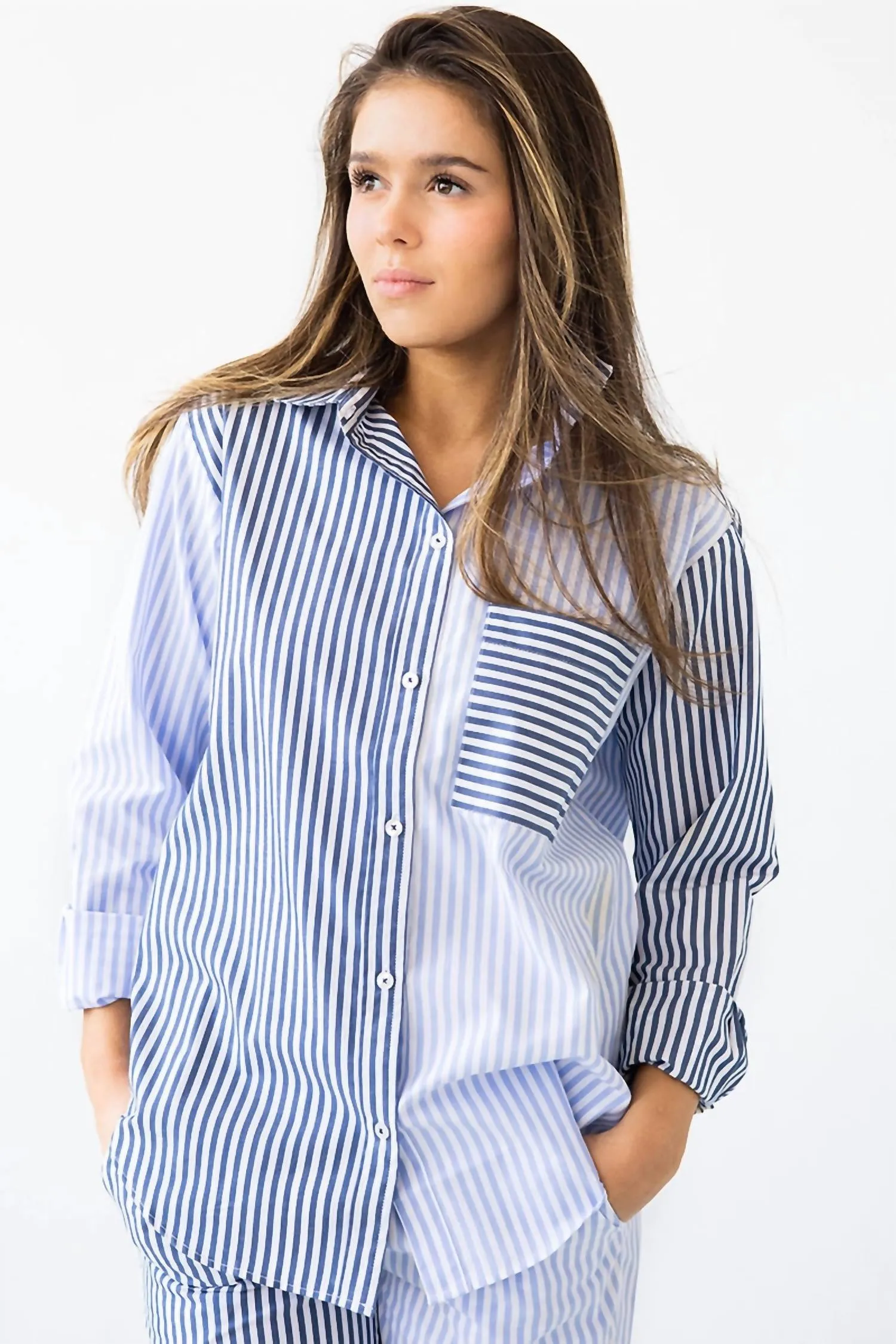 2 Pc Stripe Pj Set In Light Blue Navy