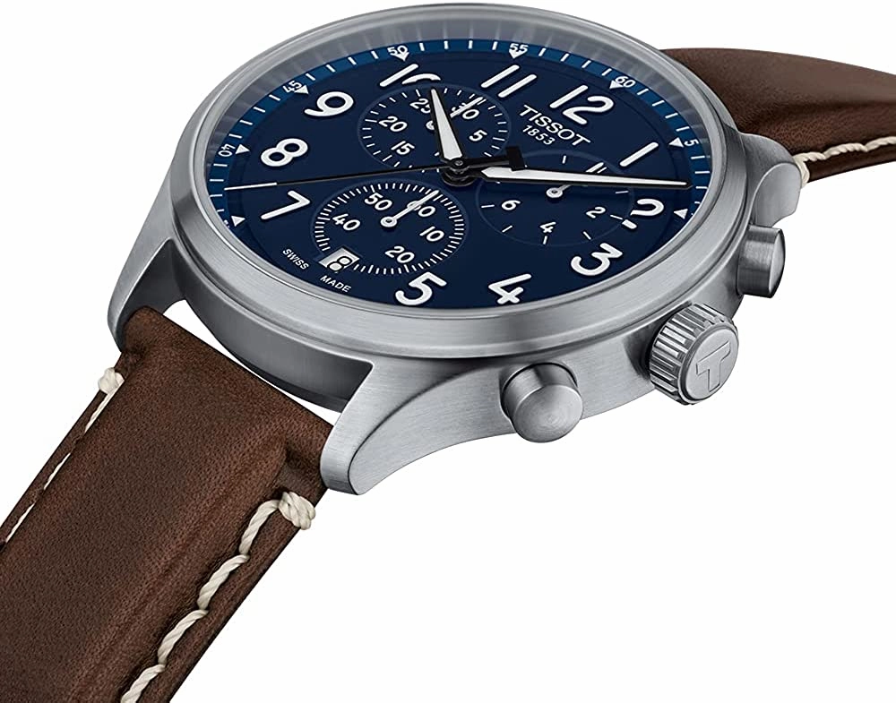    Men's Chrono XL Vintage 316L Stainless Steel case Swiss Quartz Watch with Leather Strap, Brown, 22 (Model: T1166171604200)