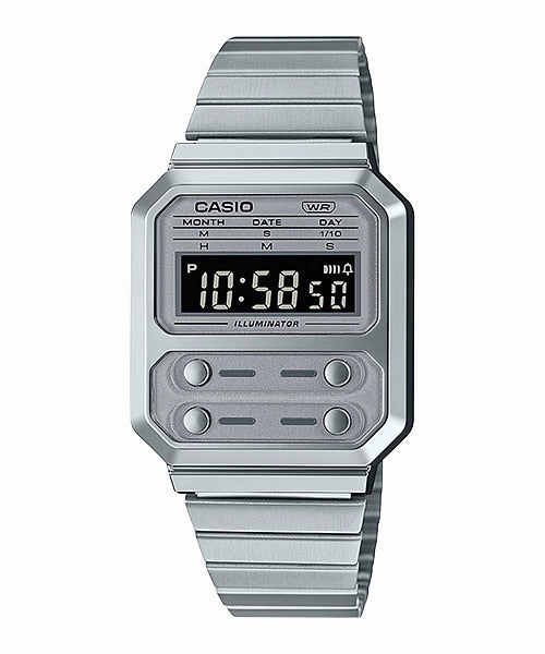    Vintage Revival F100 All Silver Dual Time Digital A100WE-7B 