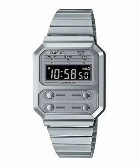    Vintage Revival F100 All Silver Dual Time Digital A100WE-7B 