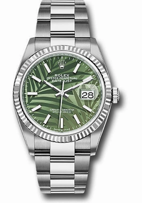   x   x White   sor Datejust 36 Watch - Fluted Bezel - Olive Green Palm Motif Dial - Oyster Bracelet - 2021 Release - 126234 ogpmio Datejust watch for sale   x Datejust watch