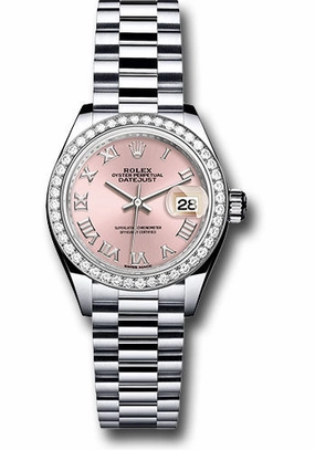   x Platinum Lady-Datejust 28 Watch - 44 Diamond Bezel - Pink Roman Dial - President Bracelet - 279136RBR prp Datejust watch for sale   x Datejust watch