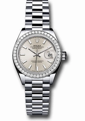   x Platinum Lady-Datejust 28 Watch - 44 Diamond Bezel - Silver Index Dial - President Bracelet - 279136RBR sip Datejust watch for sale   x Datejust watch