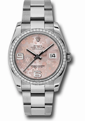   x Steel and White Gold Datejust 36 Watch - 52 Diamond Bezel - Pink Floral Arabic Dial - Oyster Bracelet - 116244  pfao Datejust watch for sale   x Datejust watch