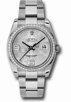   x Steel and White Gold Datejust 36 Watch - 52 Diamond Bezel - Silver Floral Arabic Dial - Oyster Bracelet - 116244  sfao Datejust watch for sale   x Datejust watch
