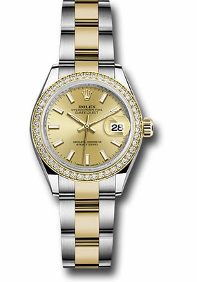   x Steel and Yellow Gold   sor Lady-Datejust 28 Watch - Diamond Bezel - Champagne Index Dial - Oyster Bracelet - 279383RBR chio Datejust watch for sale   x Datejust watch