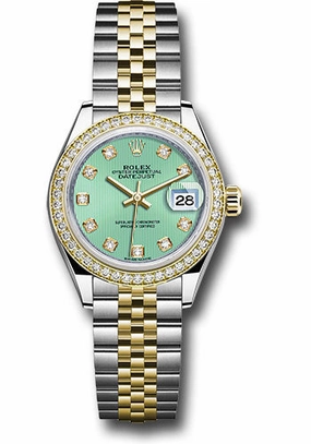   x Steel and Yellow Gold   sor Lady-Datejust 28 Watch - Diamond Bezel - Mint Green Diamond Dial - Jubilee Bracelet - 279383RBR mgdj Datejust watch for sale   x Datejust watch