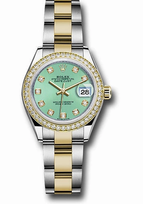   x Steel and Yellow Gold   sor Lady-Datejust 28 Watch - Diamond Bezel - Mint Green Diamond Dial - Oyster Bracelet - 279383RBR mgdo Datejust watch for sale   x Datejust watch