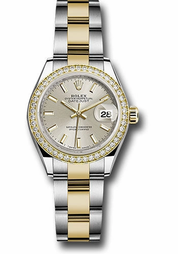   x Steel and Yellow Gold   sor Lady-Datejust 28 Watch - Diamond Bezel - Silver Index Dial - Oyster Bracelet - 279383RBR sio Datejust watch for sale   x Datejust watch