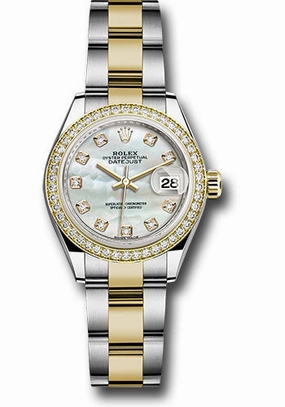   x Steel and Yellow Gold   sor Lady-Datejust 28 Watch - Diamond Bezel - White Mother-Of-Pearl Diamond Dial - Oyster Bracelet - 279383RBR mdo Datejust watch for sale   x Datejust watch