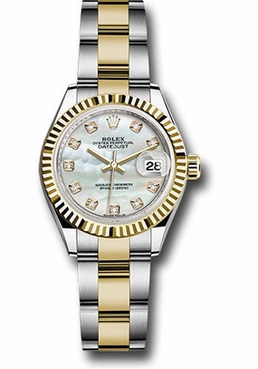   x Steel and Yellow Gold   sor Lady-Datejust 28 Watch - Fluted Bezel - White Mother-Of-Pearl Diamond Dial - Oyster Bracelet - 279173 mdo Datejust watch for sale   x Datejust watch