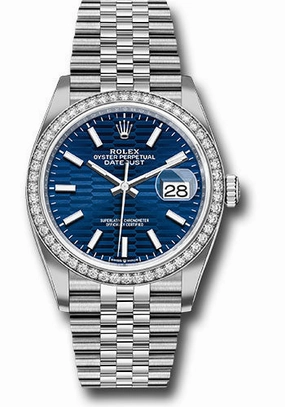   x White   sor Datejust 36 Watch - Diamond Bezel - Bright Blue Fluted Motif Index Dial - Jubilee Bracelet - 126284rbr blflmij Datejust watch for sale   x Datejust watch