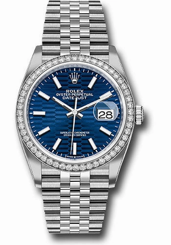   x White   sor Datejust 36 Watch - Diamond Bezel - Bright Blue Fluted Motif Index Dial - Jubilee Bracelet - 126284rbr blflmij Datejust watch for sale   x Datejust watch