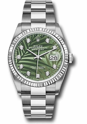  x White   sor Datejust 36 Watch - Fluted Bezel - Olive Green Palm Motif Diamond 6 Dial - Oyster Bracelet - 126234 ogpmdo Datejust watch for sale   x Datejust watch