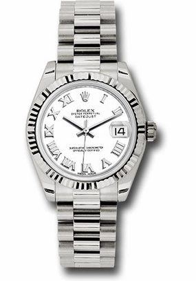   x White Gold Datejust 31 Watch - Fluted Bezel - White Roman Dial - President Bracelet 178279 wrp Datejust watch for sale   x Datejust watch