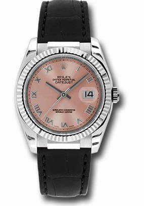   x White Gold Datejust 36 Watch - Fluted Bezel - Pink Roman Dial - Black Leather - 116139 prb Datejust watch for sale   x Datejust watch