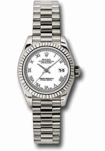   x White Gold Lady-Datejust 26 Watch - Fluted Bezel - White Roman Dial - President Bracelet - 179179 wrp Datejust watch for sale   x Datejust watch