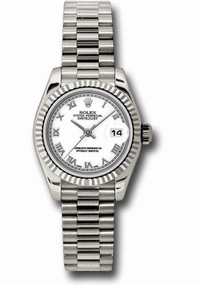   x White Gold Lady-Datejust 26 Watch - Fluted Bezel - White Roman Dial - President Bracelet - 179179 wrp Datejust watch for sale   x Datejust watch