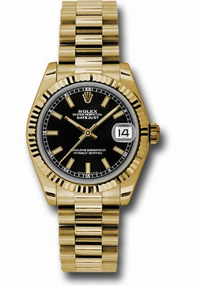   x Yellow Gold Datejust 31 Watch - Fluted Bezel - Black Index Dial - President Bracelet 178278 bkip Datejust watch for sale   x Datejust watch