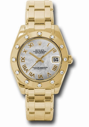   x Yellow Gold Datejust Pearlmaster 34 Watch - 12 Diamond Bezel - White Mother-Of-Pearl Roman Dial - 81318 mr Datejust watch for sale   x Datejust watch