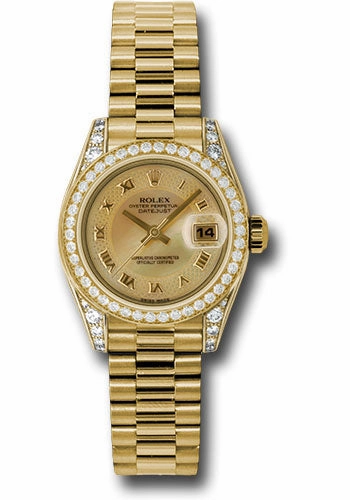   x Yellow Gold Lady-Datejust 26 Watch - 42 Diamond Bezel - Champagne Decorated Mother-Of-Pearl Roman Dial - President Bracelet - 179158 chmdrp Datejust watch for sale   x Datejust watch