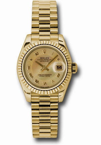   x Yellow Gold Lady-Datejust 26 Watch - Fluted Bezel - Champagne Decorated Mother-Of-Pearl Roman Dial - President Bracelet - 179178 chmdrp Datejust watch for sale   x Datejust watch
