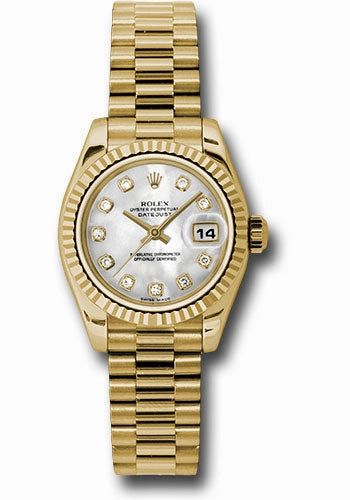   x Yellow Gold Lady-Datejust 26 Watch - Fluted Bezel - Mother-Of-Pearl Diamond Dial - President Bracelet - 179178 mdp Datejust watch for sale   x Datejust watch