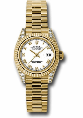   x Yellow Gold Lady-Datejust 26 Watch - Fluted Bezel - White Roman Dial - President Bracelet - 179238 wrp Datejust watch for sale   x Datejust watch