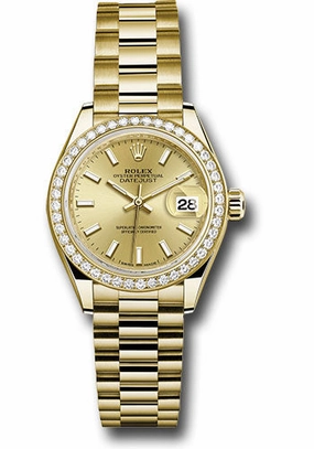   x Yellow Gold Lady-Datejust 28 Watch - 44 Diamond Bezel - Champagne Index Dial - President Bracelet - 279138RBR chip Datejust watch for sale   x Datejust watch