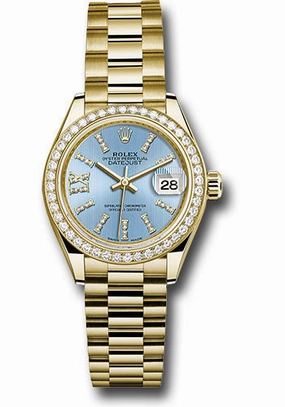  x Yellow Gold Lady-Datejust 28 Watch - 44 Diamond Bezel - Cornflower Blue Stripe Diamond Index Dial - President Bracelet - 279138RBR cbls36dix8dp Datejust watch for sale   x Datejust watch