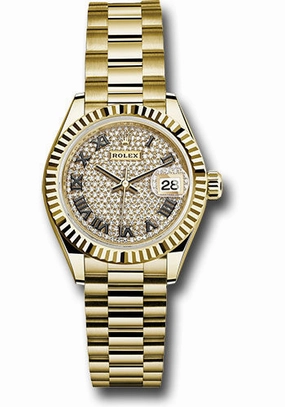   x Yellow Gold Lady-Datejust 28 Watch - Fluted Bezel - Diamond Paved Roman Dial - President Bracelet - 279178 dprp Datejust watch for sale   x Datejust watch