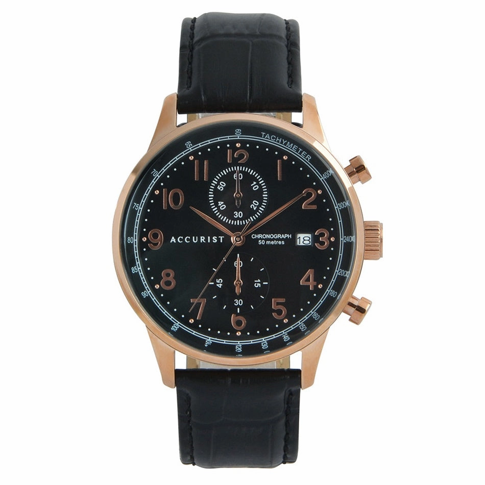 Accurist Chronograph Black Strap Rose Case Mens Watch 7353,seiko watches,mens watches,couple watches,watches designer,watches discount,best watches for men