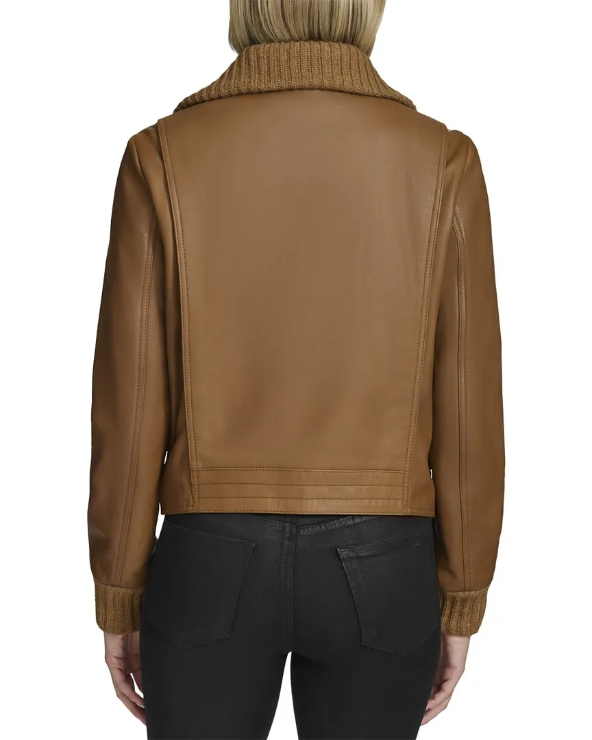 Andrew Marc Black Label Beatrix Rib-Knit Trimmed Leather Jacket