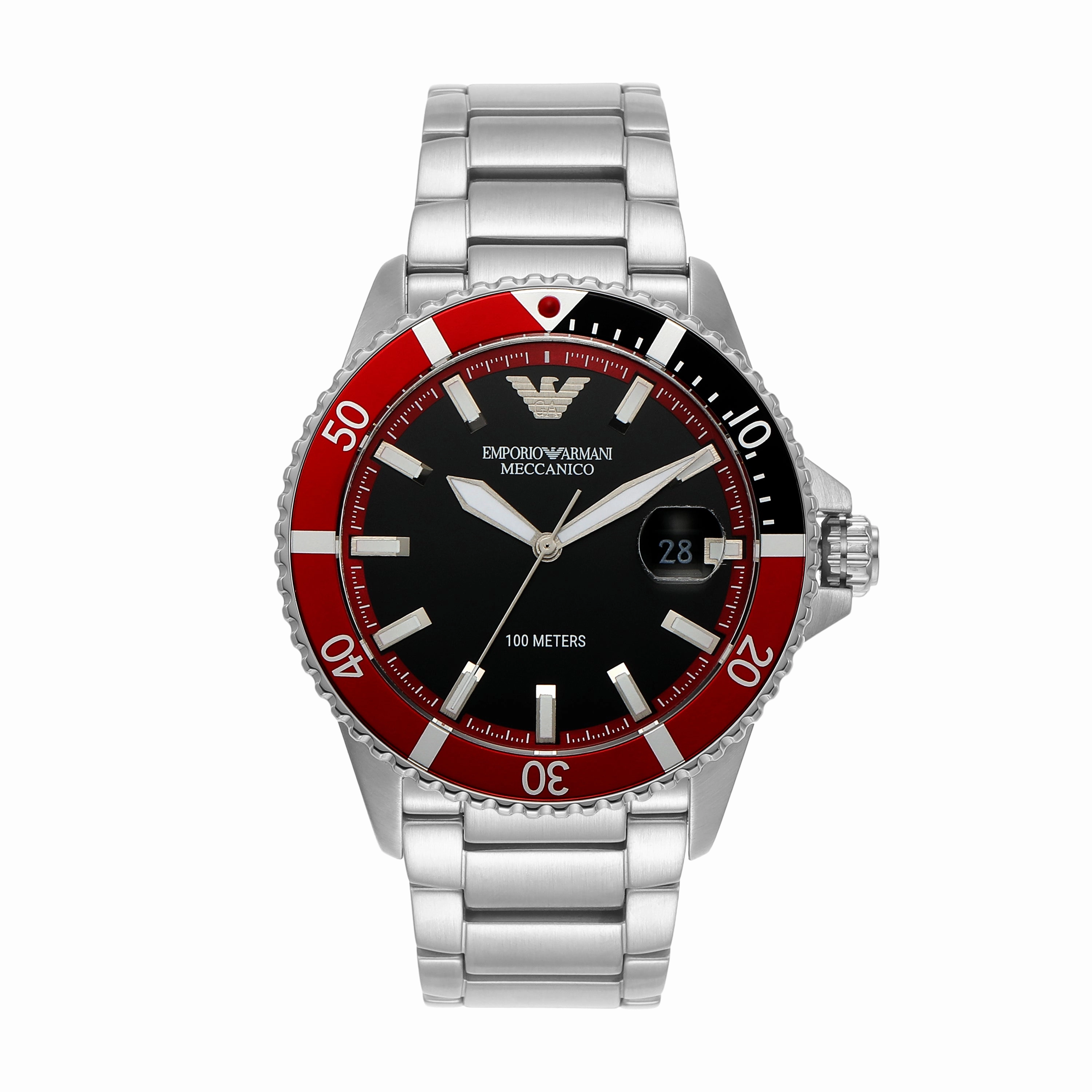 Armani Elegant Silver Steel Diver Watch with Black Dial AR60074 