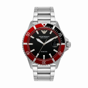 Armani Elegant Silver Steel Diver Watch with Black Dial AR60074 