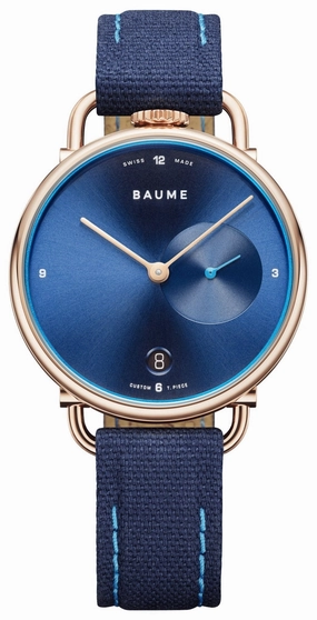 Baume & Mercier Baume Rose Gold PVD Blue Dial Blue Cotton Strap Date Quartz Mens Watch M0A10603 Women??s luxury watches Affordable women watches