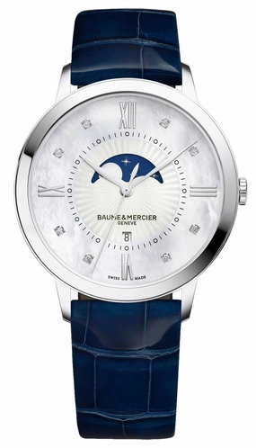 Baume & Mercier Classima Mother-Of-Pearl Dial Diamonds Blue Leather Strap Moonphase Date Quartz Womens Watch MOA10226 Women??s luxury watches Affordable women watches