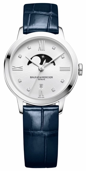 Baume & Mercier Classima Stainless Steel Silver Dial Diamonds Blue Leather Strap Moonphase Date Quartz Womens Watch M0A10329 Women??s luxury watches Affordable women watches