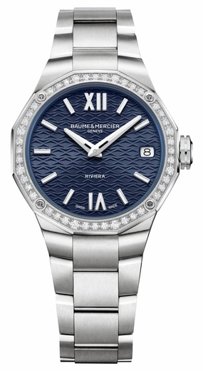 Baume & Mercier Riviera Stainless Steel Blue Dial Diamonds Date Quartz Womens Watch M0A10765 Women??s luxury watches Affordable women watches