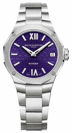 Baume & Mercier Riviera Stainless Steel Purple Dial Date Quartz Womens Watch M0A10728 Women??s luxury watches Affordable women watches
