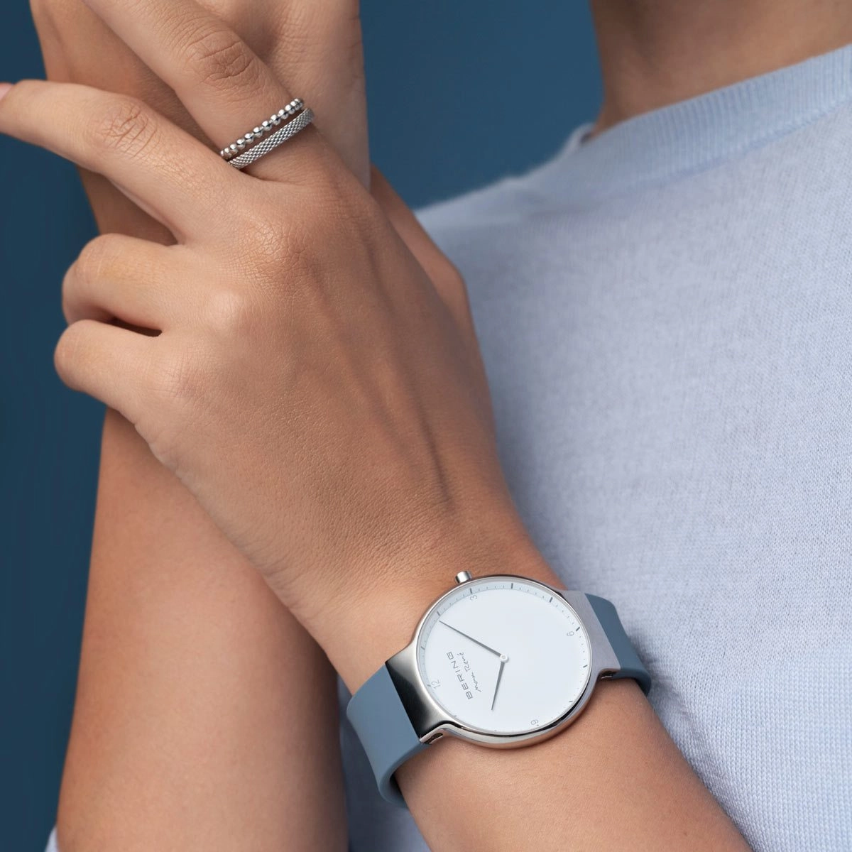 Bering Max Ren?? Polished Silver Blue Silicone Watch