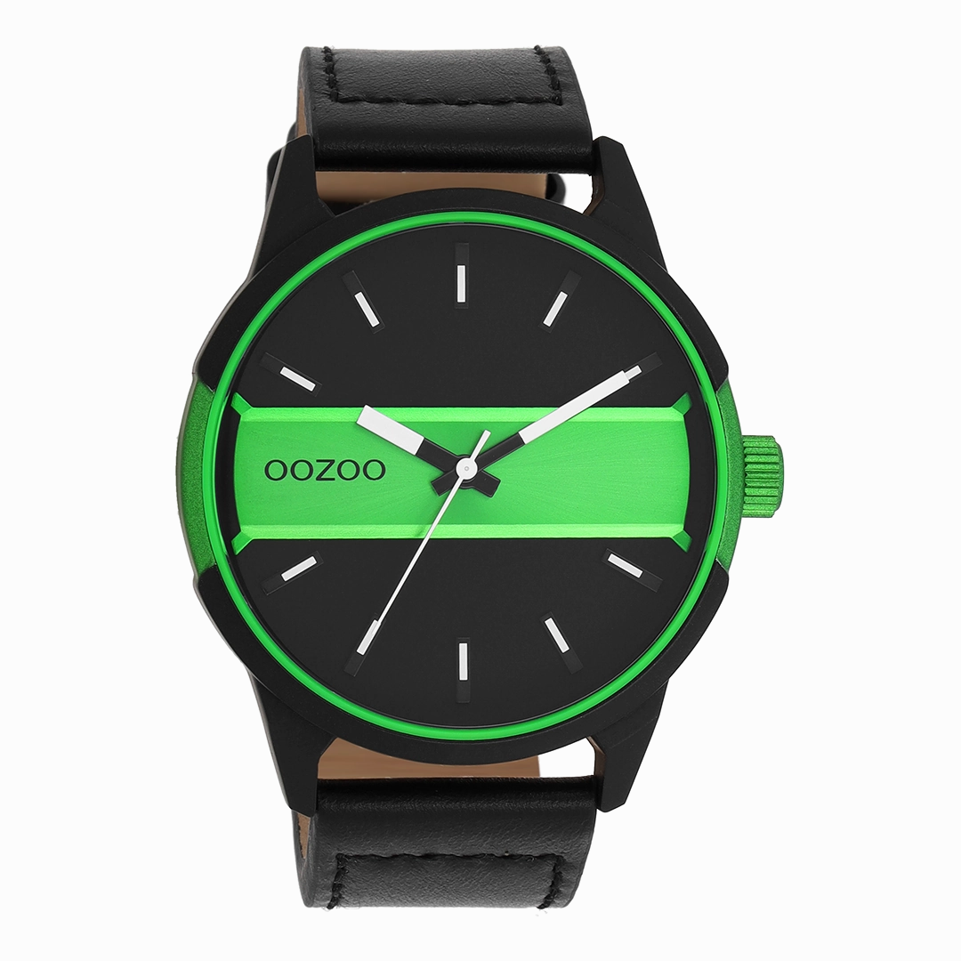 Black/fluo green OOZOO watch with black leather strap - C11234,seiko watches,mens watches,couple watches,watches designer,watches discount,best watches for men