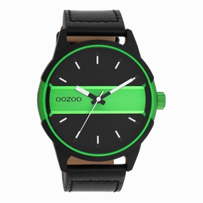 Black/fluo green OOZOO watch with black leather strap - C11234,seiko watches,mens watches,couple watches,watches designer,watches discount,best watches for men