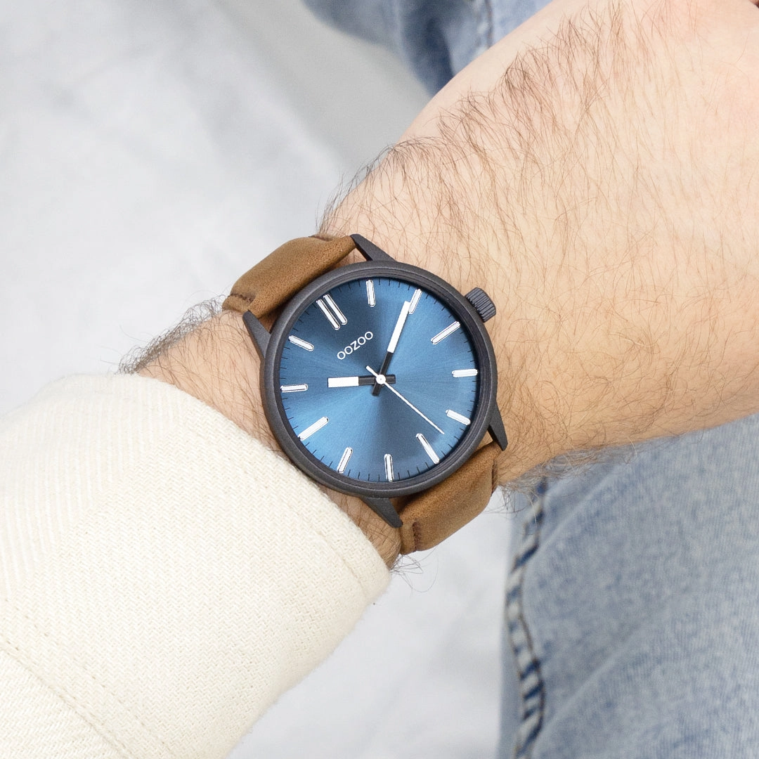 Black OOZOO watch with brown leather strap - C11401
