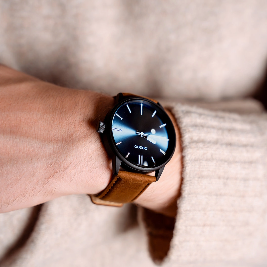 Black OOZOO watch with brown leather strap - C11401
