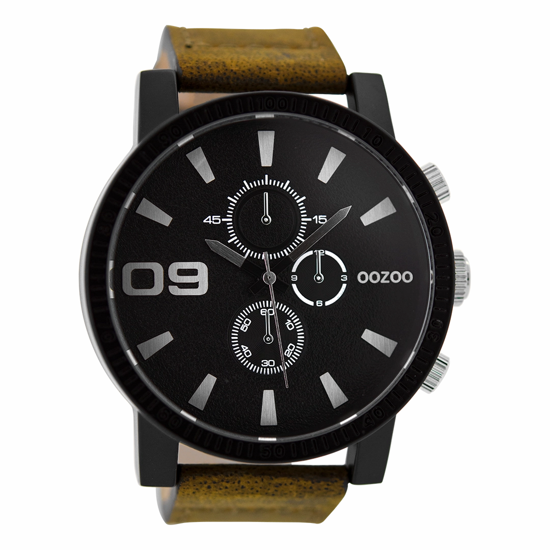 Black OOZOO watch with brown leather strap - C9033,seiko watches,mens watches,couple watches,watches designer,watches discount,best watches for men