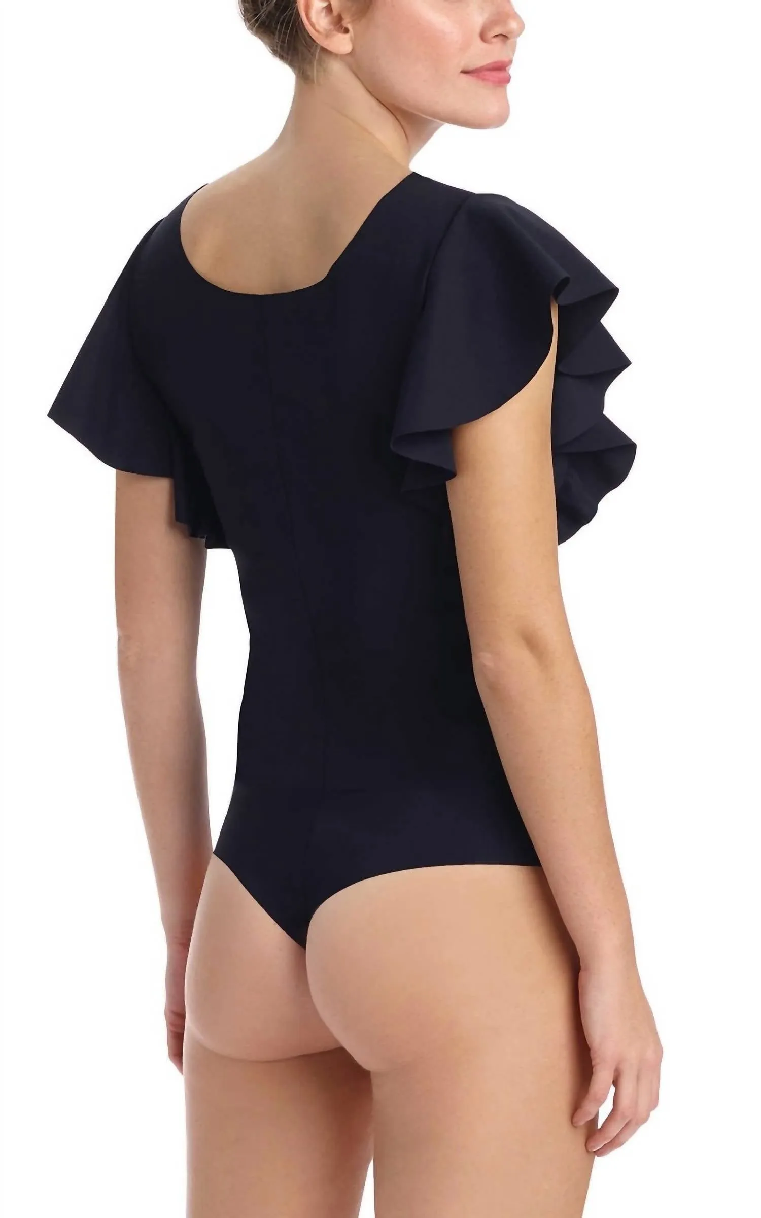 Bonded Ruffled Bodysuit In Black