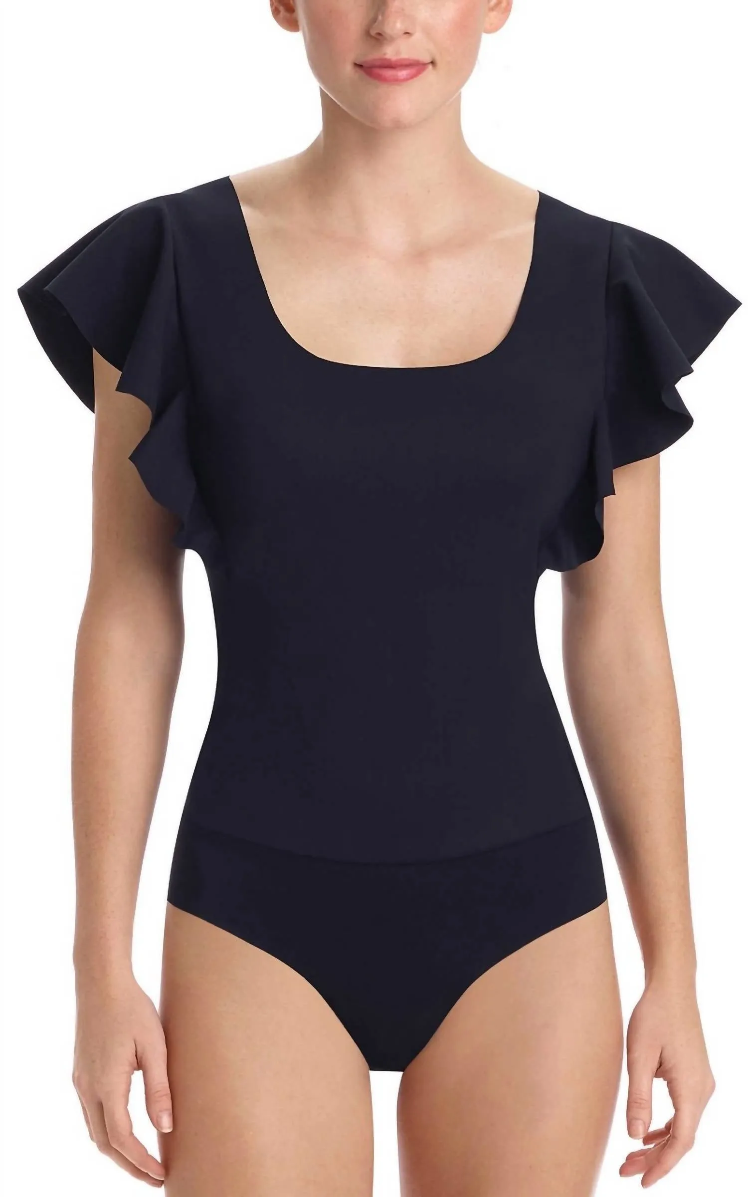 Bonded Ruffled Bodysuit In Black