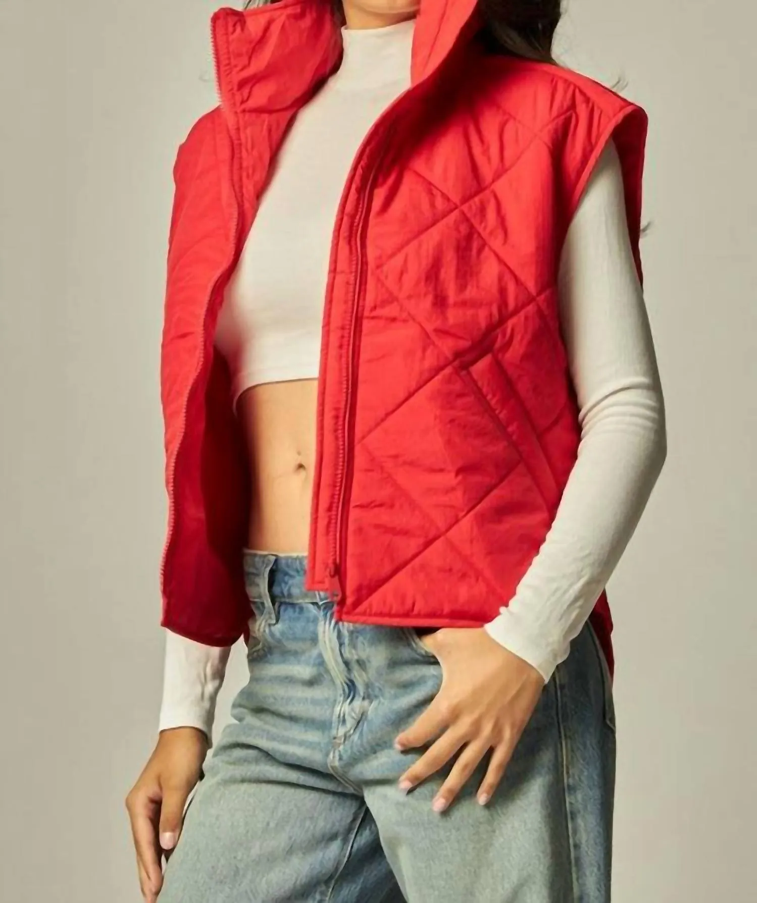 Boxy Quilted Puffer Vest In Red