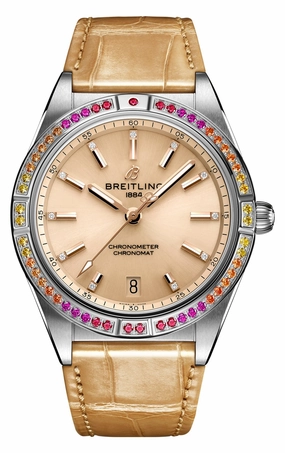 Breitling Chronomat Stainless Steel Gem-Set Beige Dial Date Automatic Womens Watch A10380611A1P1 Women??s luxury watches Affordable women watches